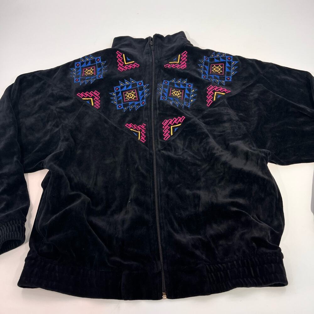 Women's vintage 90s Oleg Cassini velour black full zip embroidered pink jacket M